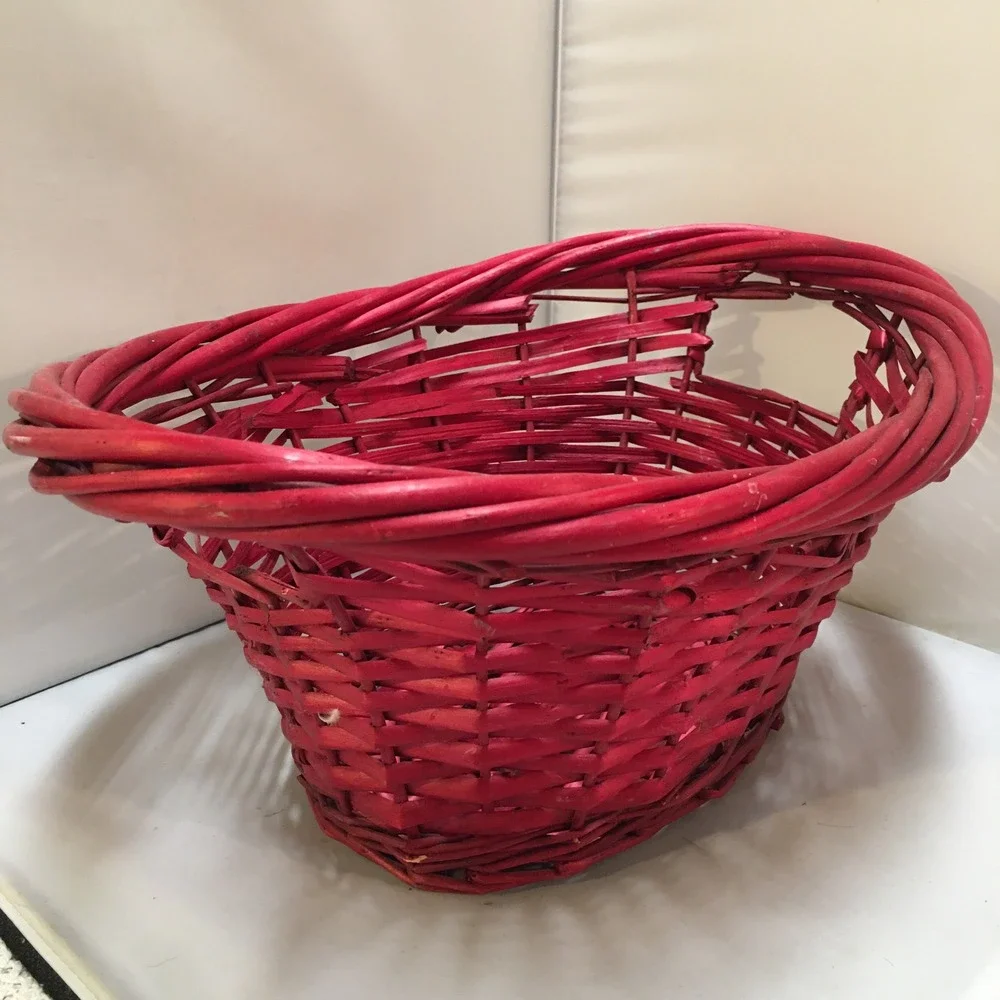 Woven Wicker Basket Unisex Large Red Oval Storage with Handles Holiday Festive